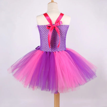 Fantasias Gato Cheshire Rosa Pink e Roxo para Bebês Meninas Roupa de Tutu Chique de Animal para Crianças Festa de Carnaval com Orelhas Laço e Meias