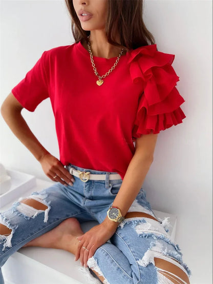 Women Summer Ruffles Short Sleeve Loose T Shirt Chic Elegant Solid O Neck Tops Casual Simple All Match Tee Streetwear Blouse