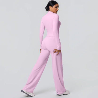 2pieces Quick Drying Sports Fitness Clothing Yoga Set Women Yoga Zipper Long Dleeves High Waisted Breathable Wide Leg Pants Set
