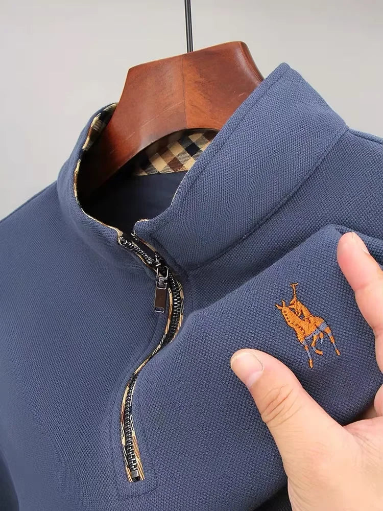 Luxury new Half Zipper Long Sleeve T-shirt 100% Cotton Brand Embroidered Stand Collar Men's Clothing Autumn Casual polo shirt
