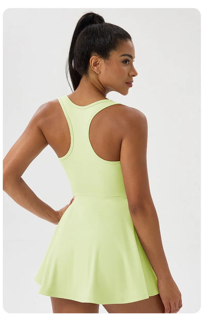Women Summer Tennis Dress Breathable Quick-Dry Workout Dress Outdoor Sports Skirt Gym Yoga Short Dress Casual Athletic Skirt