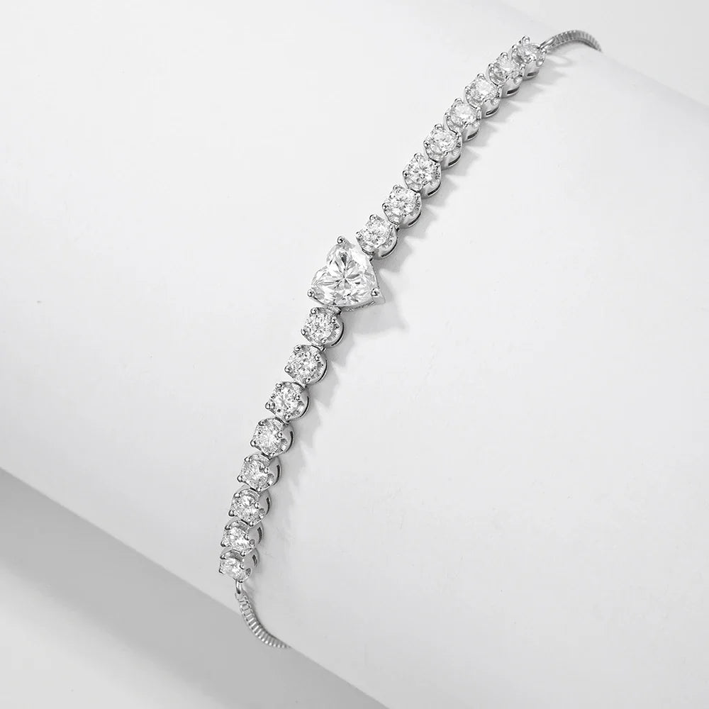 2.5mm Full Moissanite Tennis Riviera Bracelet With 6mm Heart Cut Diamond Adjustable Wrist Chain S925 Silver for Women Jewelry