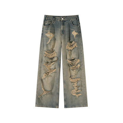 Ripped Jeans Men's Straight Loose Wide-leg American High Street Pants Retro Trousers Cotton Casual Pants Baggy Jeans
