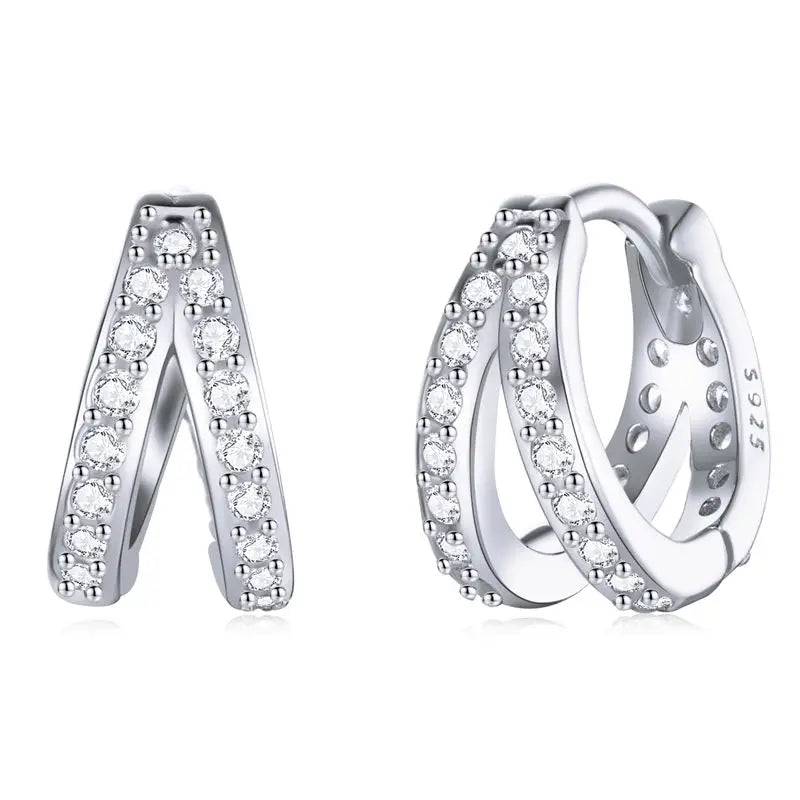 925 Sterling Silver Classic Geometry Earrings Women Zircon Crystal Double Rings Ear Hoop Earrings 3 Colors SCE1187