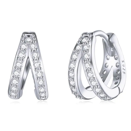 925 Sterling Silver Classic Geometry Earrings Women Zircon Crystal Double Rings Ear Hoop Earrings 3 Colors SCE1187
