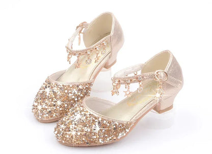 Fashion Kid Leather Shoe 2023 Summer Sequin Princess Shoe Crystal High Heel Sandals Kid Shoes Girl Dresses Mary Jane Girl Shoes