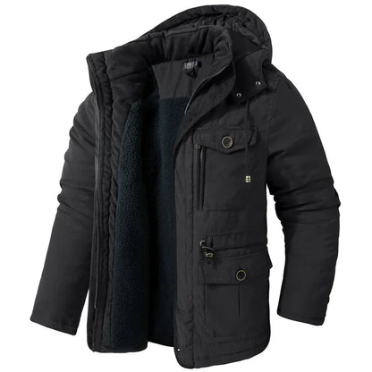 Men's Jacket WINTER USA SIZE Large SIZE Lamb Fleece JACKETS Hooded Cotton Thickened Multi Pocket Casual Mid length Coat