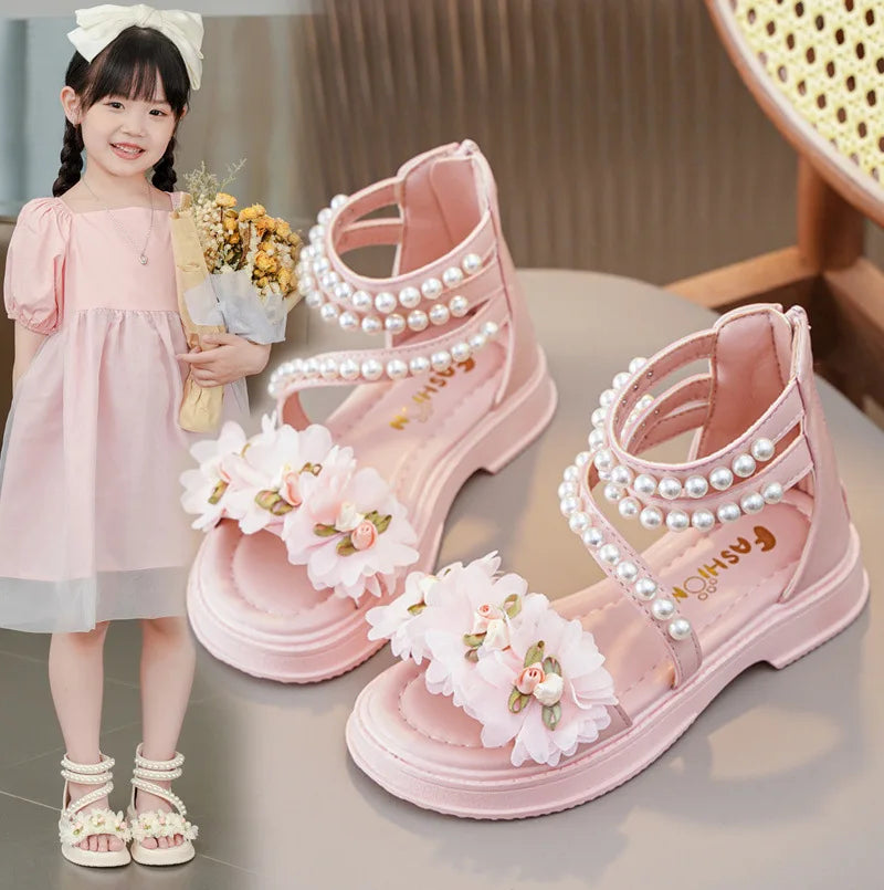 Children's Sandals for Girls Elegant Sandals Pearl Beading Sweet Princess Dress Shoes Kids High-top Roman Sandals Back Zipper