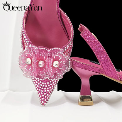 New Arrival Elegant Mature Fuchsia Color Rhinestone Design Pointed Toe High Heel and Bag Set for Party Wedding