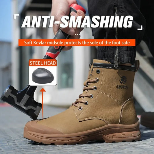 High End Microfiber Men's Work Boots with Steel Toe Caps for Anti Smashing and Anti Puncture, Kevlar Anti Puncture