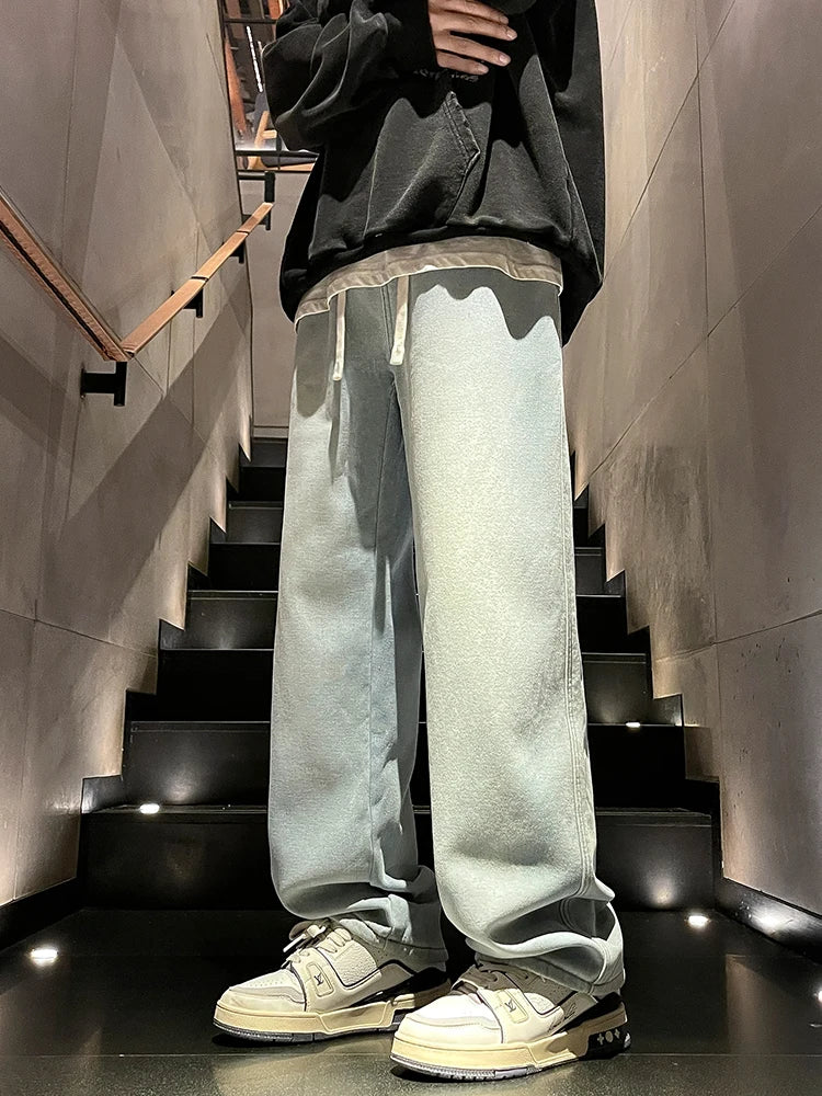 Calça Jeans Masculina de Inverno Coreana Forrada com Lã Grossa Quente Reta Denim Lavado Algodão Azul Retrô Larga Pantalona