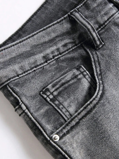 Calça Jeans Masculina Elástica Streetwear Rasgada Patchwork com Furos Calça Casual com Elástico na Cintura Jeans Destruído Slim Reta