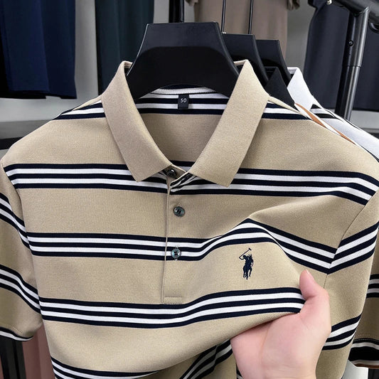 Men's Short Sleeve Embroidered Striped Polo Shirt Summer High End Brand Fashion Business Breathable Lapel T-shirt Men's Clothing