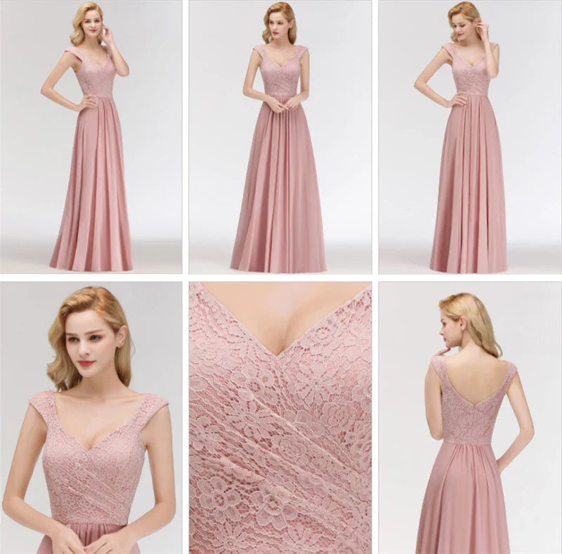Dusty Pink Lace Chiffon Long Evening Dresses Women A-line Sleeveless Bridesmaid Formal Wedding Party Prom Gowns Robe De Soiree