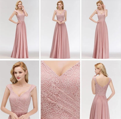 Dusty Pink Lace Chiffon Long Evening Dresses Women A-line Sleeveless Bridesmaid Formal Wedding Party Prom Gowns Robe De Soiree