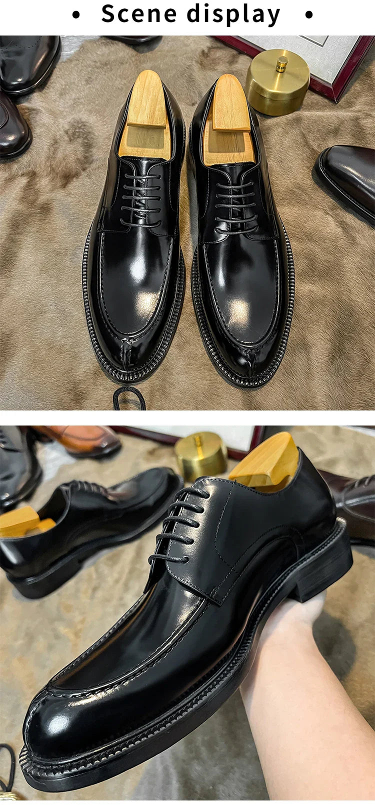 Genuine Leather Classic Black Lace Up Pointed Toe Wedding Formal Elegant Derby Shoes For Men With Free Shipping