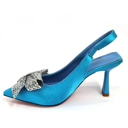 Italian Design Elegant Fuchsia Bow Rhinestone Pumps with Pointed Toe for Women 2024 Party Shoes and Bags Matching Set