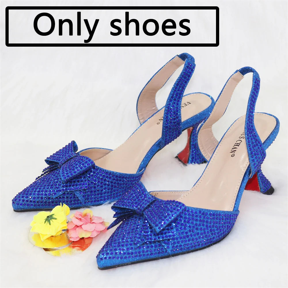 Bridal High Heels for Women 2023 Pointed Toe With Bows Gold Color Rhinestone  Elegant Party Wedding Shoe and Bag Set
