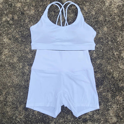 2 Piece Yoga Shorts Set Gym Sports Set Women Workout Outfit Fitness Suit Cross Straps Bra High Waist Shorts Running Tracksuit
