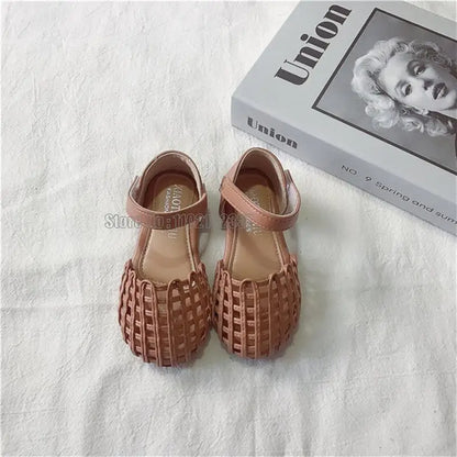 Girls Sandals Summer New 1-12 Years Baby Kids Soft Soled Woven Closed Toe Children Princess Hollow Shoes