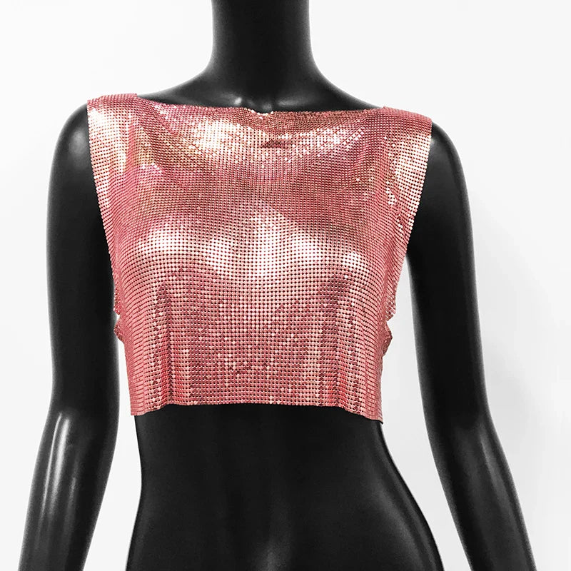 Sexy Metal Sequin Tank Top For Women y2k Summer Beach Backless Crop Top Rave Festival Club Outfits Camisole