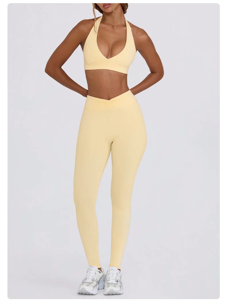 Women's Yoga Suits Quick Drying Leggings Gym Shorts Nude Hanging Neck Bra Running Gym Exercise Sets