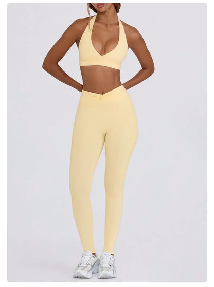 Women's Yoga Suits Quick Drying Leggings Gym Shorts Nude Hanging Neck Bra Running Gym Exercise Sets
