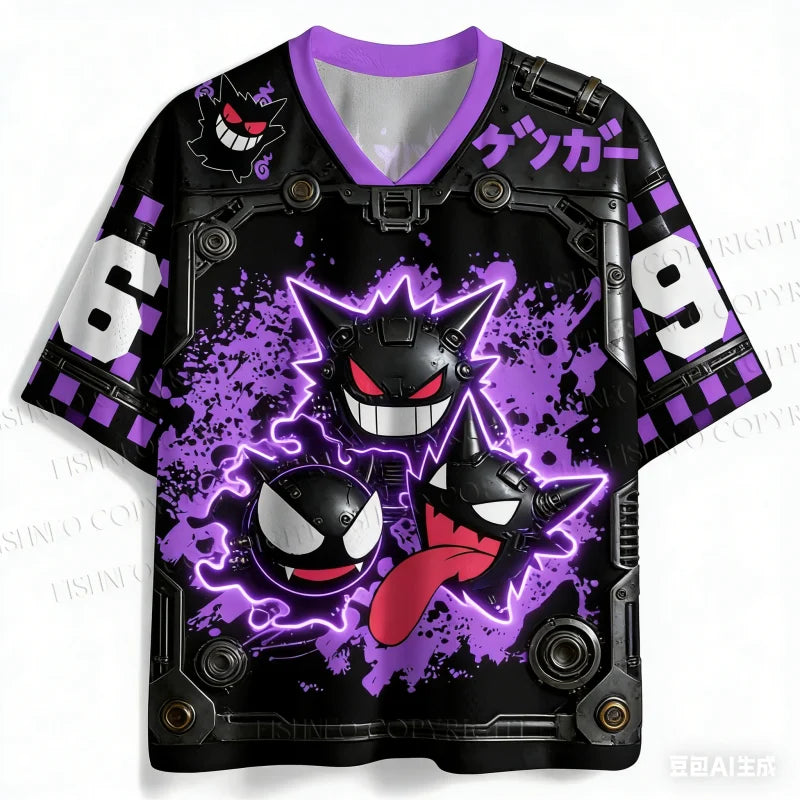 Y2K Adult Gengar 3D Print V-Neck Purple-Black Ghost Retro Anime Raglan Sleeve T-Shirt