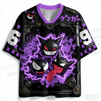 Y2K Adult Gengar 3D Print V-Neck Purple-Black Ghost Retro Anime Raglan Sleeve T-Shirt