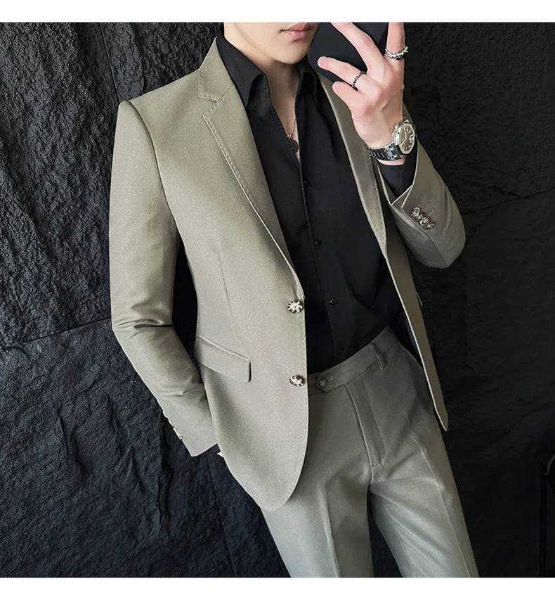 Men's Korean Style Slim Fit Suit Set, High Quality Fabric Solid Color Edge Pressing for Wedding Business