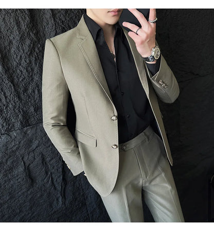 Men's Korean Style Slim Fit Suit Set, High Quality Fabric Solid Color Edge Pressing for Wedding Business