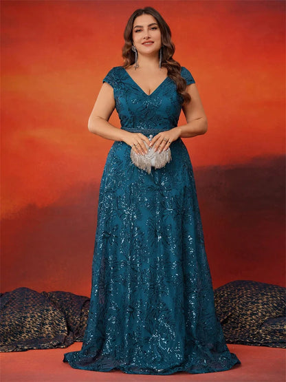 Plus Size Elegant Sequins V-back Cap sleeve Evening Dresses Women Luxury Long A-line Formal Prom Wedding Party Cocktail Gowns