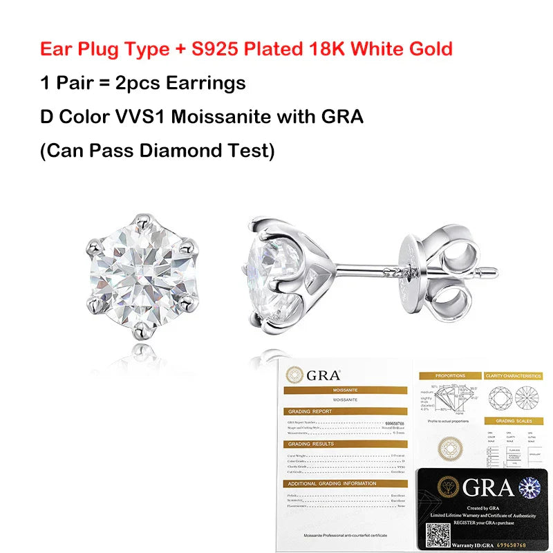 0.2/0.5/2ct D Color Moissanite Screw Stud Earrings for Women Men Silver 925 Plated 18K Pass Diamond Test 6 Prong Earring