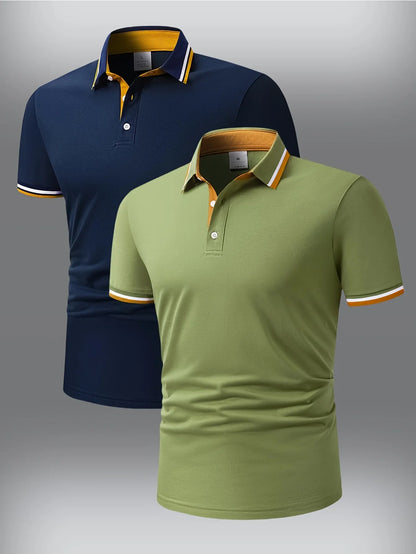 2pcs Men's Short-Sleeve Shirts with Contrast Collars - Lightweight Polyester, Pastel Blue & Pink, Turn- Collar, Button Closure,