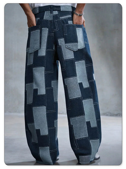 Spring Summer Comfortable Baggy Wide Leg Jacquard Jeans Casual Fashion Pixel Pattern Street Denim Pants Korean Unisex Pants