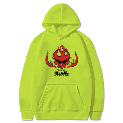 Anime Tengen Toppa Gurren Lagann Letter Hoodies Harajuku Flaming Skull Red Graphic Autumn Winter Warm Patchwork Sweatshirts