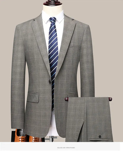 Suits (blazer+ Pants) Men Fashion Business Casual Solid Color Korean Version Slim-fit Plaid Gentleman Wedding Work S-5XL