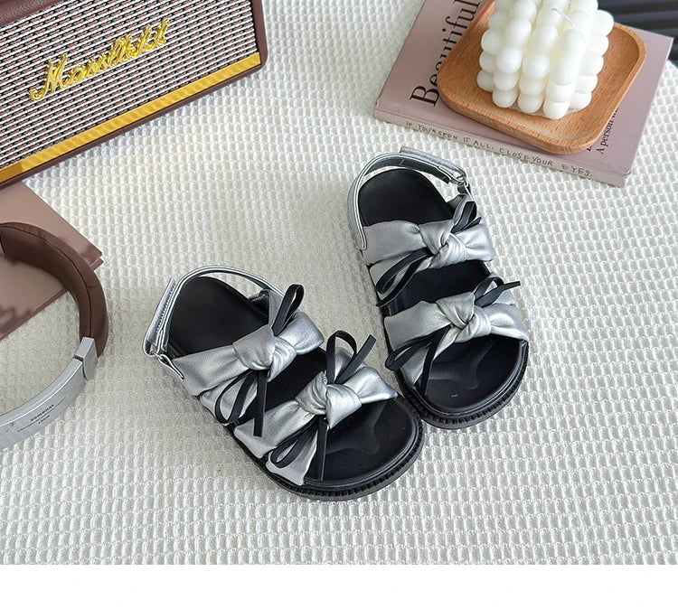 2026 Summer Girls Princess Sandals with Double Bow-knots Soft Fashion Classic Kids Summer Beach Shoes Open Toes Sweet Anti-skid