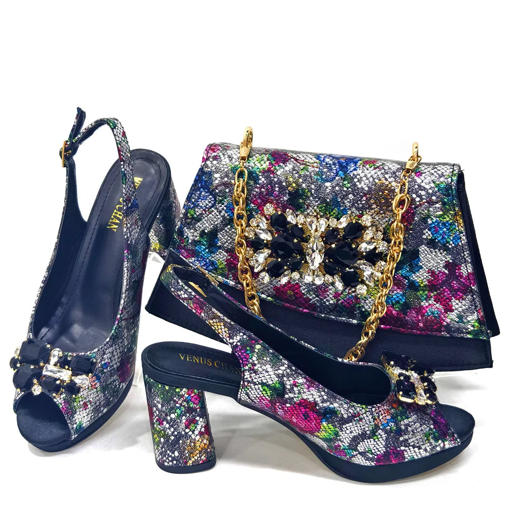 Italian Sandals and Bags Matching Set Women Heel Party for Gold Colour Wedding Bigger Size Thick Heel Shoes