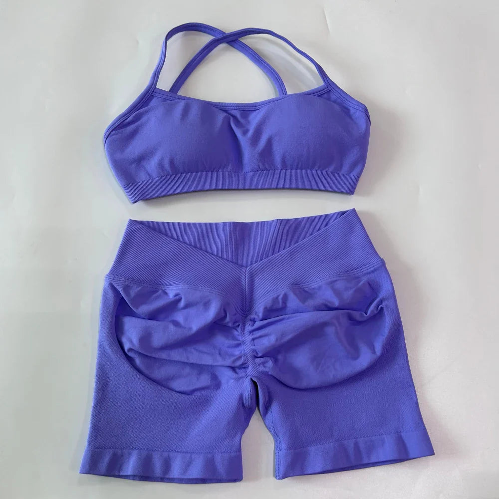 2 Pieces Set For Woman Clothes Seamless Scrunch Yoga Shorts Set Backless ktp Sports Bra Fitness Workout Top Gym Set Outfits