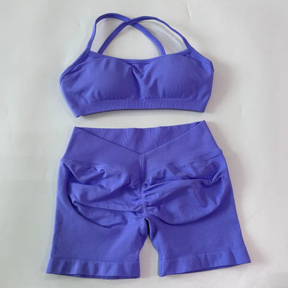 2 Pieces Set For Woman Clothes Seamless Scrunch Yoga Shorts Set Backless ktp Sports Bra Fitness Workout Top Gym Set Outfits
