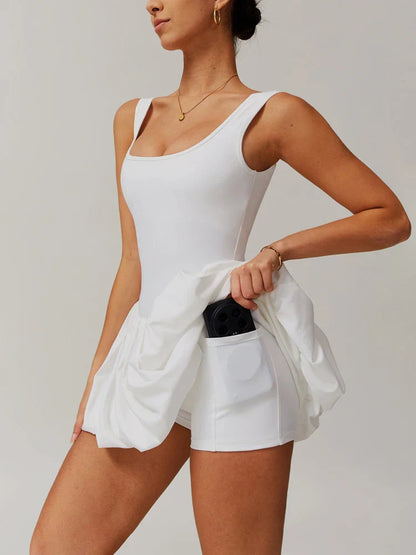 Workout Tennis Dress with Built in Shorts Square Neck Padded Workout Dress with Pockets Golf Athletic Mini Dresses