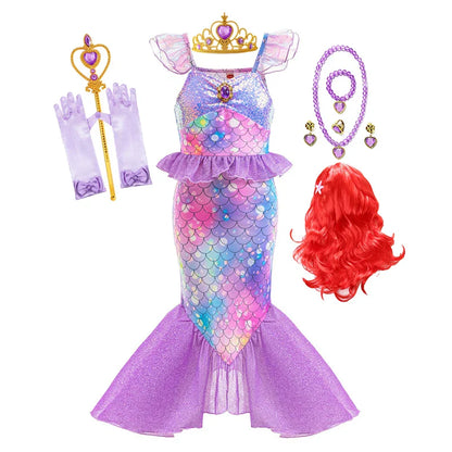 New Ariel Princess Little Mermaid Dress Girl Charm Cosplay Costume Kids Birthday Party Halloween Disguise Clothes