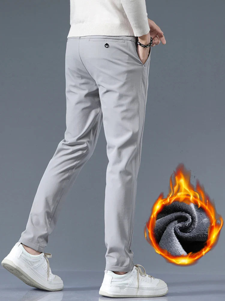 Winter Fleece Golf Casual Pants Men Business Slim Stretch Jogger Thick Trousers Korean Classic Elastic Waist Velvet Male Pants