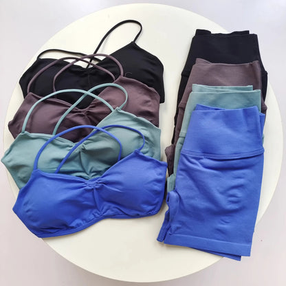 2 Piece Gym Set Women Yoga Crop Top High Waist Scrunch Seamless Shorts Fitness Bra Sport Suit Sportswear Workout Set