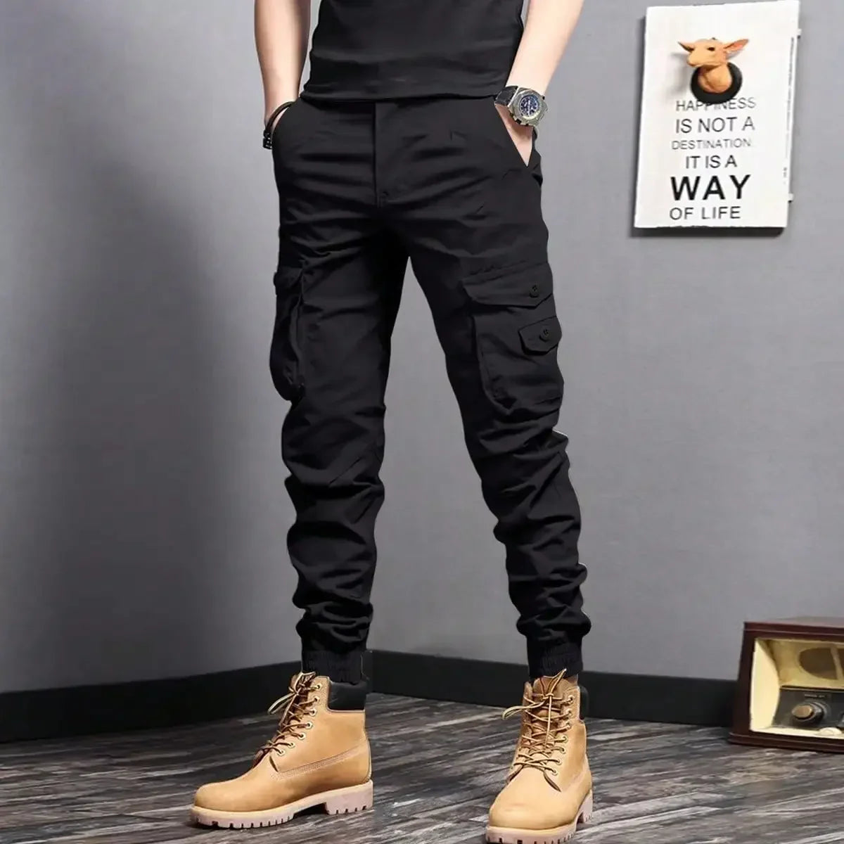 Casual Side Flap Pockets Workwear Tapered Pants, Men's Cargo Pants for Spring Fall Outdoor