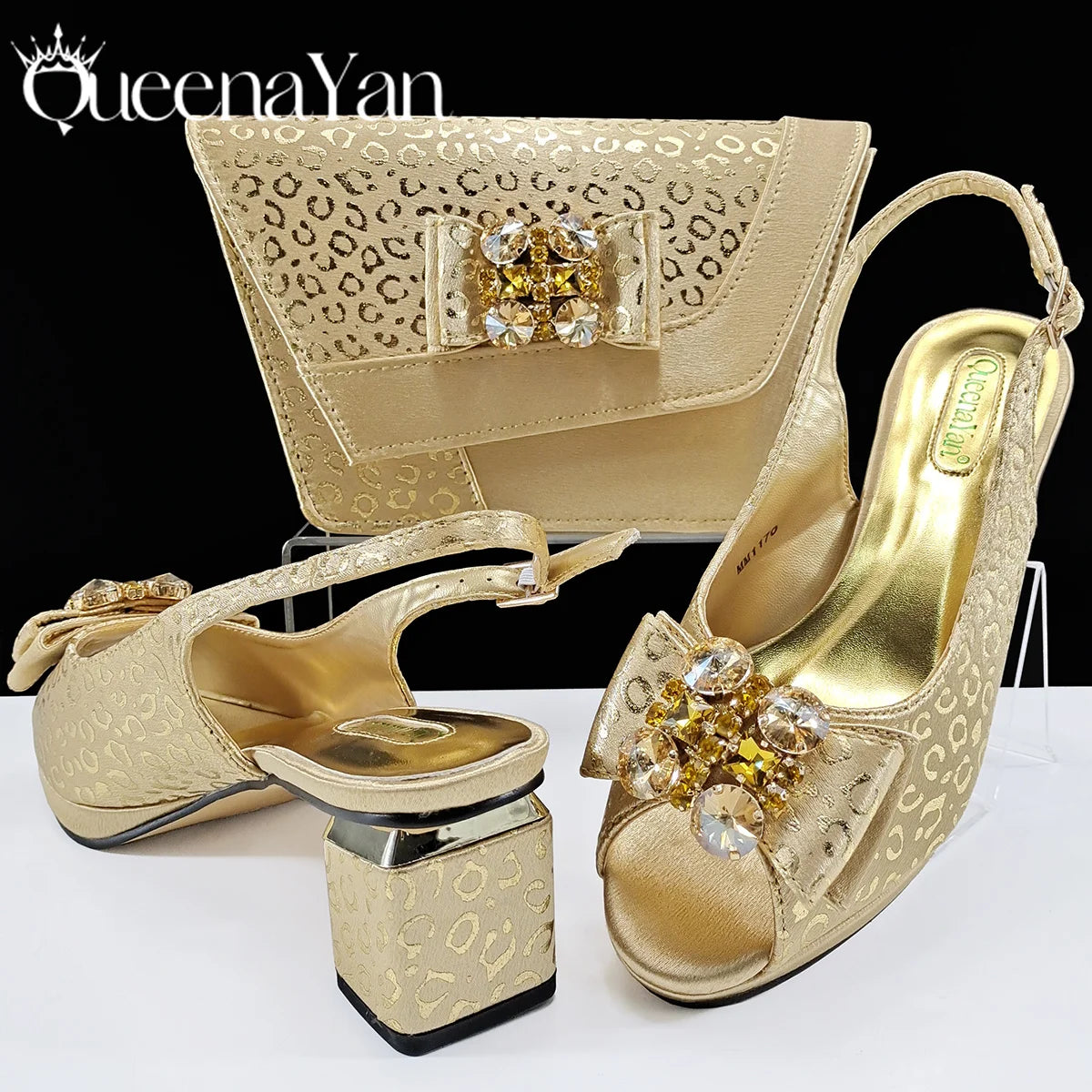 Shiny Italian Fashion Pointed Toe Women Heel Fashion Rhinestone Decoration Pink Color Shoes And Bag Set