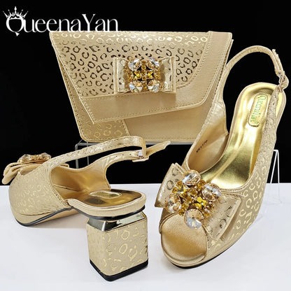 2025 Shiny Italian Fashion Pointed Toe Women Heel Fashion Rhinestone Decoration Pink Color Shoes And Bag Set