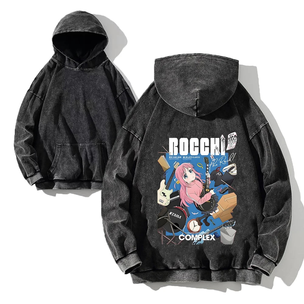 Men Acid Hoodies Bocchi The Rock Manga Top Print Vintage Pullover Casual Basis Long Sleeve Washed Hoodies