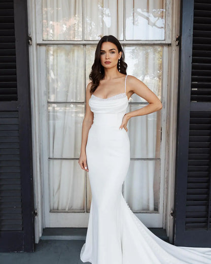 Elegant Spaghetti Straps Beaded Soft Satin MermId Wedding Dresses Backless Custom Made 2024 Vestido De Noival
